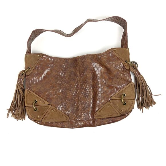 JESSICA SIMPSON Brown Faux Leather Reptile Tassle Shoulder Bag Purse - Picture 4 of 12